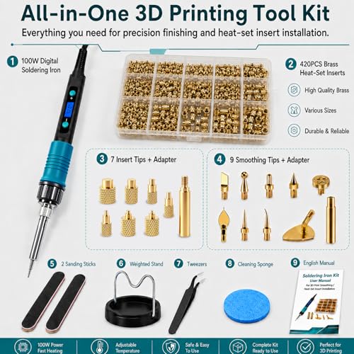 Heat Set Insert Tool with Safer Soldering Iron & 420PCS Threaded Inserts