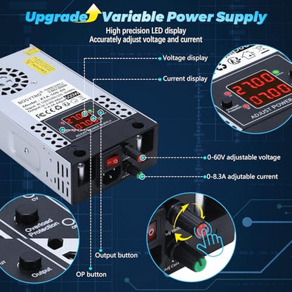 Upgraded AC to DC Converter 5V 12V 24V 30V 48 60v DC Power Supply Adjustable 0-60V 0-8.3A 500W Switching Power Supply for Led Strip, Motor Pump, CCTV, 3D Printer, Lab Computer