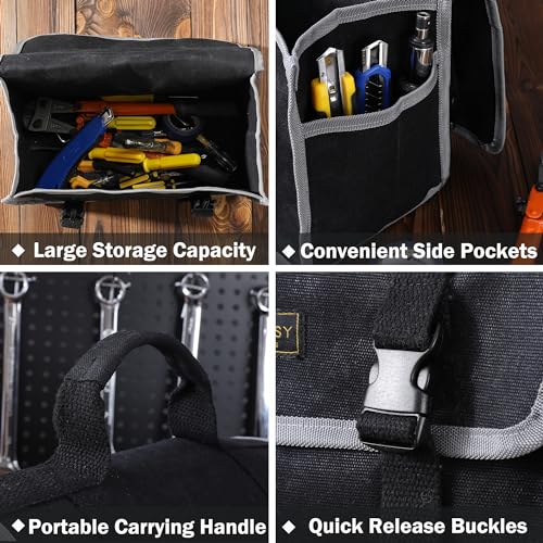 Tool Organizer Bag | 1 Large Pocket Storage Pouch & 2 Side Pockets & Canvas Handle, Heavy Duty 16oz Waxed Canvas Tote Bag, Reusable Tool Carrier for Hand Tools - 11.5"L x 6"W x 7.5"H - Black - color: Black