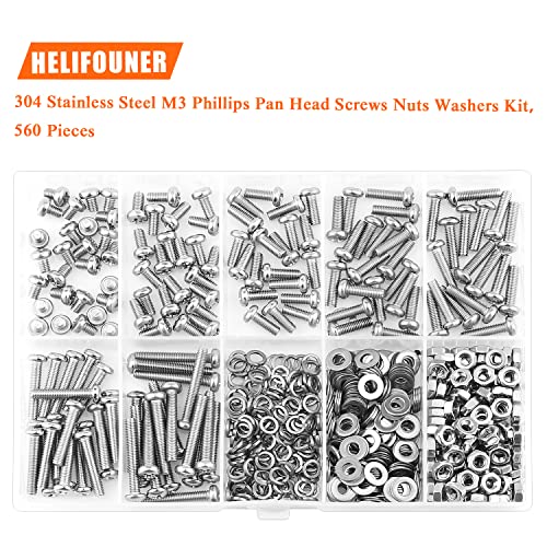 HELIFOUNER 560 Pieces M3 x 4mm /6mm /8mm /10mm /12mm /16mm /20mm, Phillips Pan Head Machine Screws, Metric Screws Bolts Washers Nuts Kit, 304 Stainless Steel - size: M3, style: Phillips Pan Head