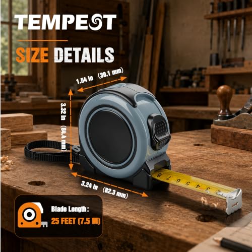 TEMPEST 6 Pack 25FT Tape Measure, Fractional Markings, Auto-Retract & Quick Lock, Heavy Duty Rubber Case, Belt Clip Measuring Tape Set for Construction, DIY