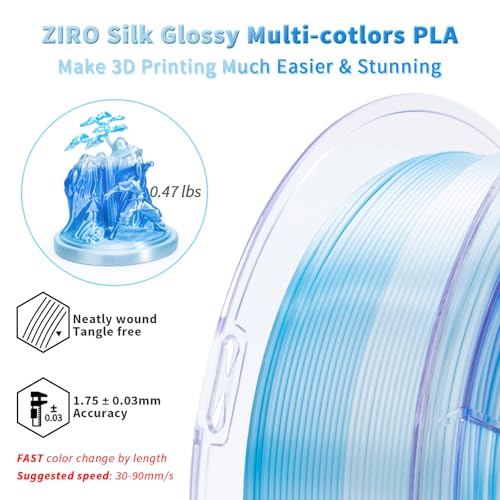 ZIRO Fast Gradient PLA, Sillk Multi Color 3D Printer Filament 1kg, Ice Blue - color: Ice Blue (Silky)