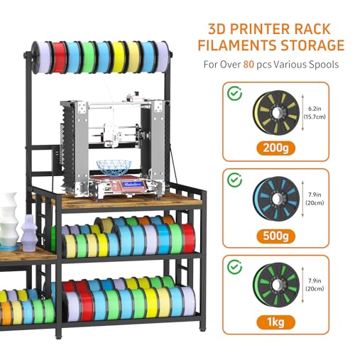 3D Printer Table with Filament Storage 3D Printer Stand with Power Outlet,Heavy Duty 3D Printer Desk for ABS, PLA, TPU Filament Spools, Home Offices and Studios Retro Brown - color: Rustic Brown