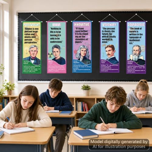 9 Pcs Famous Scientists Hanging Poster Educational Science Classroom Decor 41x16in Celebrity Inspirational Banner Decorations Motivational Wall Art for Back to School Classroom Library Office
