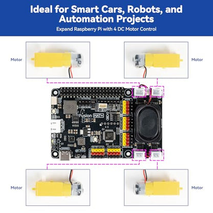SunFounder Fusion HAT+ Expansion Board for Raspberry Pi 5/4/3B+/Zero 2W, 4 DC Motor Drivers, 12 PWM Servo, ADC, Speaker & Mic, Works with AI LLMs（ChatGPT/Gemini）