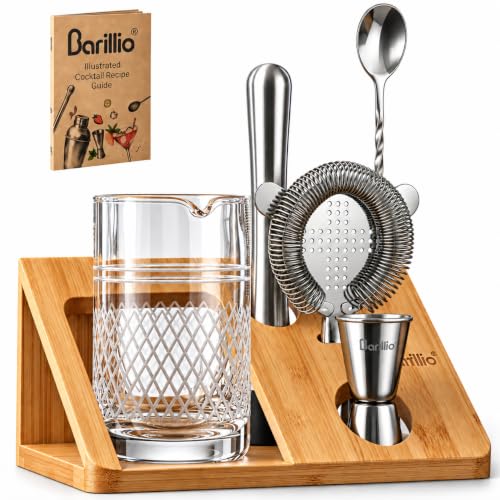 Barillio 20 Oz Crystal Cocktail Mixing Glass with Bamboo Stand & Bar Tools | Seamless Lead-Free Crystal, Weighted Base Stirring Pitcher | Including Muddler, Mixing Spoon, Jigger and Strainer - size: 7-Piece Set (20 oz)