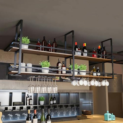 Ceiling Wine Glass Rack with Glass Holder, 47.2in 2-Tier Hanging Bar Shelf - color: Black, size: 47.2×11.8×31.4in