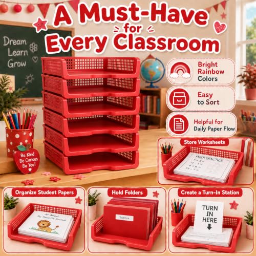 6 Pcs Red Turn in Trays Classroom, Stackable Paper Bins for Classroom, 13x9x2.8 inch Plastic Baskets Desktop Organization System Office (Red) - color: Red