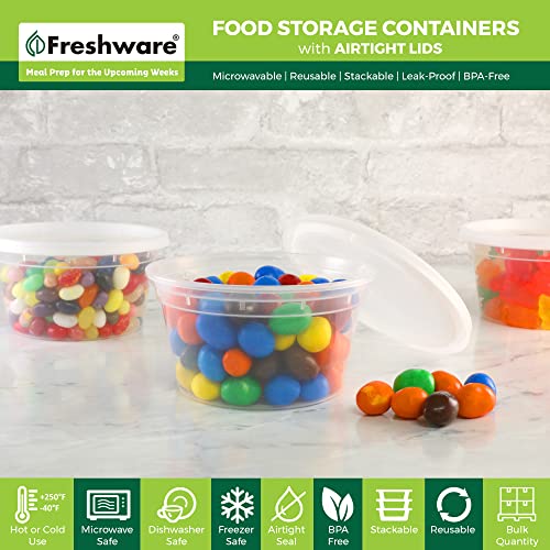 Freshware Food Storage Containers [50 Set] 12 oz Plastic Deli Containers with Lids, Slime, Soup, Meal Prep Containers | BPA Free | Stackable | Leakproof | Microwave/Dishwasher/Freezer Safe - size: 12 oz, 50-Set