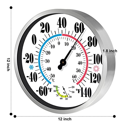 12" Outdoor Thermometer Large Numbers - Decorative Outdoor Thermometers for Patio, Wall Thermometer Hygrometer with Stainless Steel Enclosure, Battery Free Indoor Outdoor Thermometer Hanging