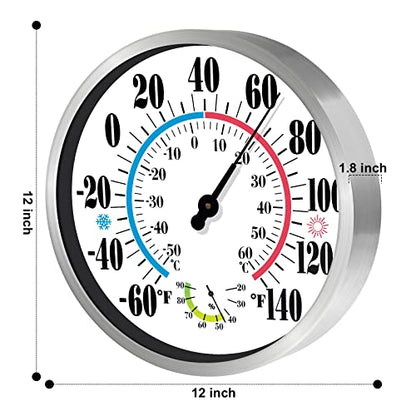 12" Outdoor Thermometer Large Numbers - Decorative Outdoor Thermometers for Patio, Wall Thermometer Hygrometer with Stainless Steel Enclosure, Battery Free Indoor Outdoor Thermometer Hanging