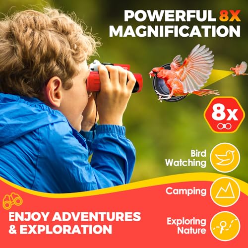 Binoculars for Kids 8x21 High-Resolution Real Optics with Magnifying Glass & Whistle Compass, Kids Binoculars for 3-12 Years Boys and Girls, Best Kids Toys for Outdoor Bird Watching, Hiking, Travel - color: Red