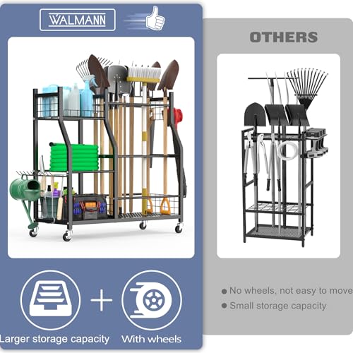 WALMANN Garden Tool Organizer with Wheels, Rakes/Shovels/Yard Tools Stand - size: 36.25 inch L