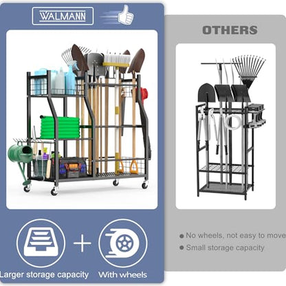 WALMANN Garden Tool Organizer with Wheels, Rakes/Shovels/Yard Tools Stand - size: 36.25 inch L