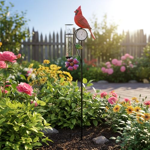 40in Red Bird Rain Gauge Thermometer Metal Garden Stake Decor - color: Red Bird