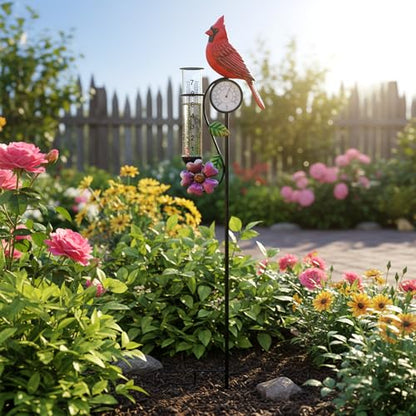 40in Red Bird Rain Gauge Thermometer Metal Garden Stake Decor - color: Red Bird