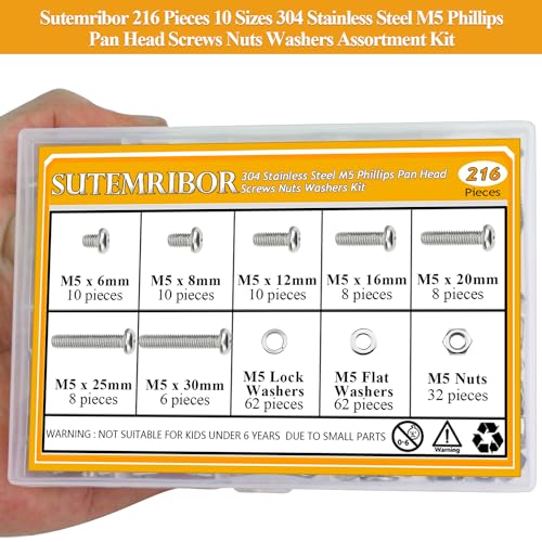 216 Pieces M5 Machine Screws Nuts Washers Set, Sutemribor M5 x 6/8/12/16/20/25/30mm Phillips Pan Head Machine Screws Nuts Washers Assortment Kit, 304 Stainless Steel, Fully Threaded - size: M5, style: Phillips Pan Head
