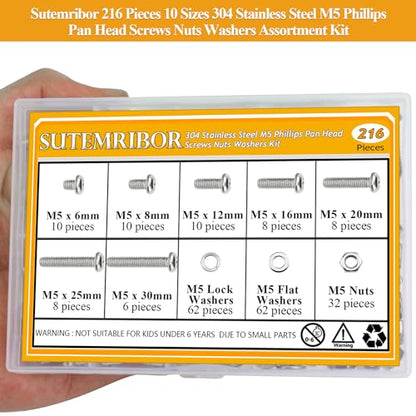 216 Pieces M5 Machine Screws Nuts Washers Set, Sutemribor M5 x 6/8/12/16/20/25/30mm Phillips Pan Head Machine Screws Nuts Washers Assortment Kit, 304 Stainless Steel, Fully Threaded - size: M5, style: Phillips Pan Head