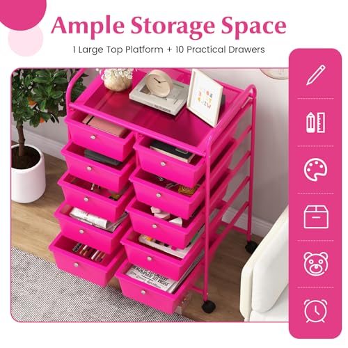 COSTWAY 10 Drawer Rolling Storage Cart, Utility Cart with Lockable Wheels - color: Hot Pink, size: 10 Drawer