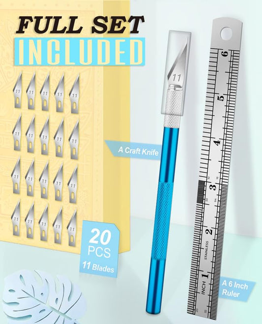 DIYSELF Precision Hobby Knife Set with 20#11 Blades, 6-Inch Metal Ruler - color: Blue-20pcs