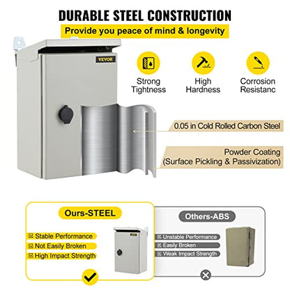 VEVOR Electrical Enclosure, 12'' x 8'' x 6'', UL Certified NEMA 4 Outdoor IP65 Waterproof Cold-Rolled Carbon Steel Hinged Junction Box, with Rain Hood, White Gray, (ULBOX30X20X15) - size: 12" x 8" x 6"