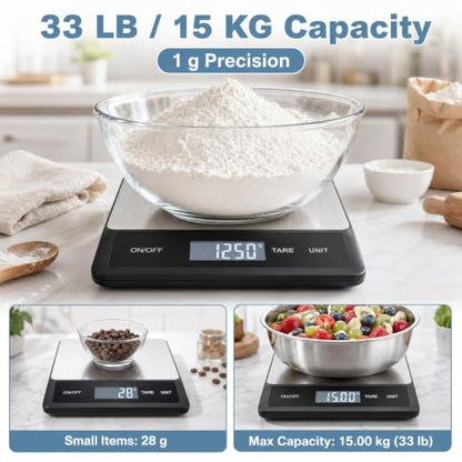 33LB/15KG Digital Kitchen Scale, USB Rechargeable Stainless Steel