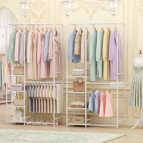 GIANTEX Clothes Rack with Pants Hangers, Heavy-Duty Metal Clothing Rack with 2 Hanging Rods & 4 Storage Shelves, Freestanding Garment Racks, Closet Organizer for Bedroom, Cloakroom (White) - color: White