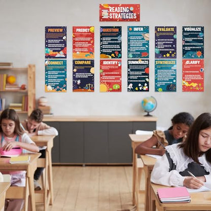 Outus 13 Pcs Reading Strategies Posters Classroom Decorations Reading Bulletin Board Posters Elementary Educational Wall Prints Library Decorations for Middle High Schools Teacher Supplies(Space) - style: Space