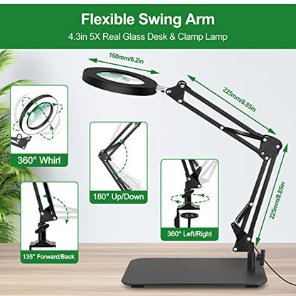 Magnifying Glass with Light and Stand, EOOKU Flexible Magnetic Helping Hand, 5X&10X 12V 108pcs LED Beads Magnifying Lamp, 3 Modes Adjustable Swivel Gooseneck Arms & Heavy Duty Base Plate