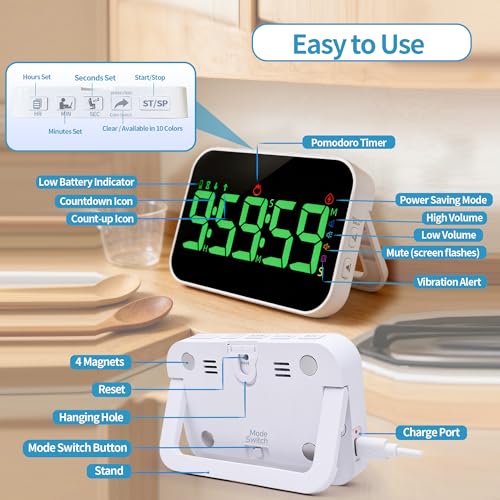 TXL Digital Timer for Classroom, Pomodoro & Kitchen, Rechargeable Magnetic Countdown Timer with Large LED Display, Loud Alarm, 3 Volume Levels, Vibration Mode & 3 Brightness Settings - style: Regular Version