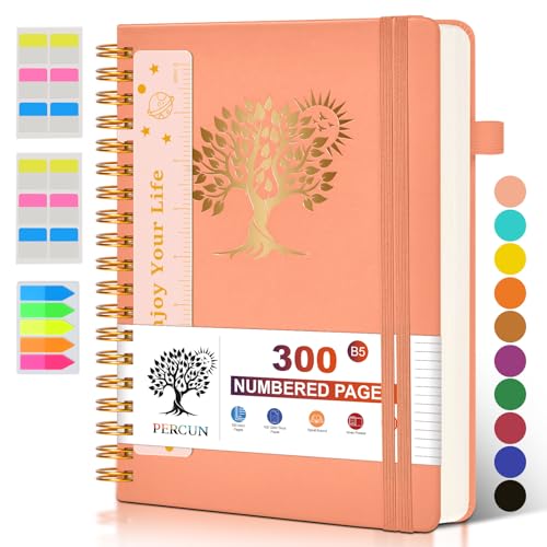 PERCUN B5 Spiral Notebook 300 Numbered Lined Pages Hardcover Journal 7"x10" - color: Pink, size: B5 size (7in x 10in)