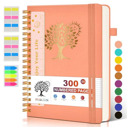 PERCUN B5 Spiral Notebook 300 Numbered Lined Pages Hardcover Journal 7"x10" - color: Pink, size: B5 size (7in x 10in)