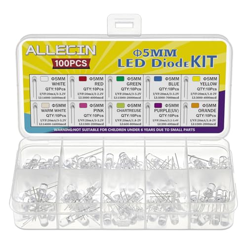 100PCS 5MM LED Diode Light Assortment Kit 10 Colors White Red Green Blue Yellow Warm White Pink Chartreuse Purple Orange Lighting Bulb Emitting Lamps Diodes Electronics Parts - style: 5MM-10Color-100pcs