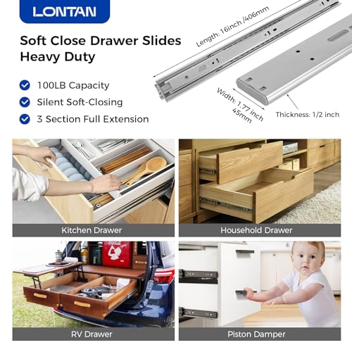 LONTAN 6 Pairs 22 Inch Soft Close Drawer Slides Heavy Duty 100lb Capacity - size: 22 Inch
