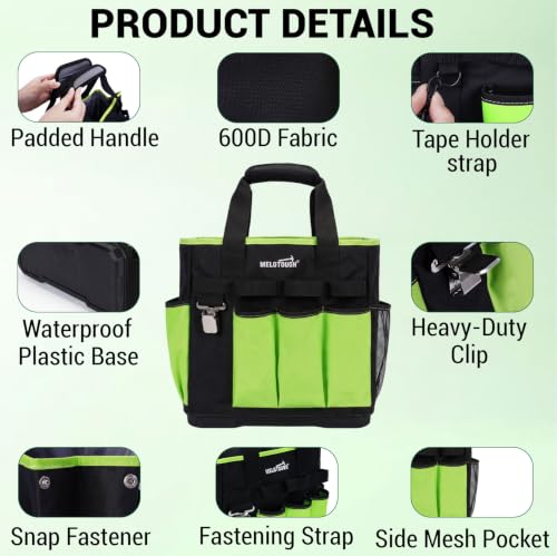 MELOTOUGH 12-Pocket Garden Tool Bag with Hard Bottom, Garden Caddy, Green - color: Green