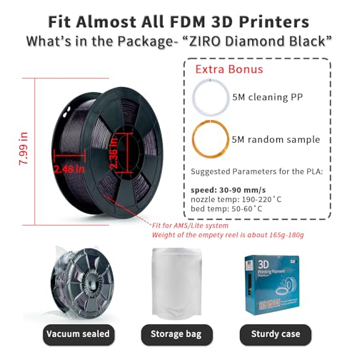 ZIRO Diamond Series Filament, Shiny Sparkle PLA with Glitter, 1KG Black - color: Diamond-black