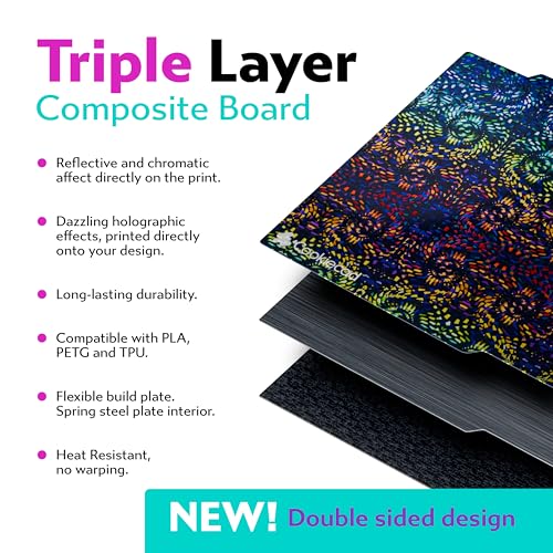 Cookiecad Cookie Sheet - Holographic 3D Printer Build Plate - Double Sided Reflective 3D Printer Bed, Flexible Spring Steel 3D Printer Platform (Spirals, 180x180) - size: 180x180, style: Spirals