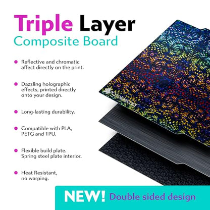 Cookiecad Cookie Sheet - Holographic 3D Printer Build Plate - Double Sided Reflective 3D Printer Bed, Flexible Spring Steel 3D Printer Platform (Spirals, 180x180) - size: 180x180, style: Spirals
