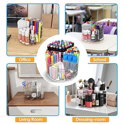 Mefirt Acrylic Pen Holder, 360 Degree Rotating Pen Organizer, Rotating Desk Acrylic Office Organizer with 6 Compartments, Marker Organizer for Kid, Crayon Caddy School Art Supply Storage Organizer - style: Clear-Large