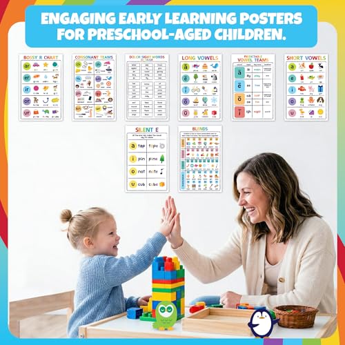 Sproutbrite 8 Pack 11” x 17” 1st Grade Educational Phonics Posters & Charts - color: Vowels Poster Set