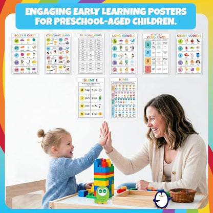 Sproutbrite 8 Pack 11” x 17” 1st Grade Educational Phonics Posters & Charts - color: Vowels Poster Set