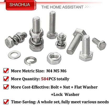 M4 M5 M6 Metric Bolt Assortment Kit 10mm to 50mm, A2-70 Hex Bolt, 304 Stainless Steel Heavy Duty Flat Hex Head Screws Bolts and Nuts Kit, Nuts Flat and Lock Washers(Silver), 584PCS - color: Silver - 584PCS M4 M5 M6