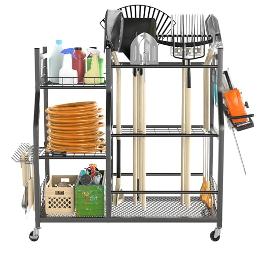 TORACK Garden Tool Organizer with Wheels, Rakes Shovels Yard Tools Stand - style: Tool Stand with Extra Shelves