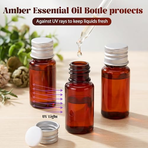 200 Pcs 10ml Mini Plastic Bottles Vials Tiny Jar with Aluminum Screw Lid Cap Clear Plastic Sample Container with Sealed Top Metal Lid for Cosmetic Essential Oil Specimen(Sliver and Amber) - color: Sliver and Amber