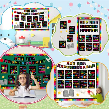 Ten Commandments Bulletin Board Set Christian Bible Verse Classroom Decor Black Base Inspirational Religious Scripture Cutouts for Back to School Party Classroom Home Chalkboard Wall Door Decor - style: Black Base Ten Commandments