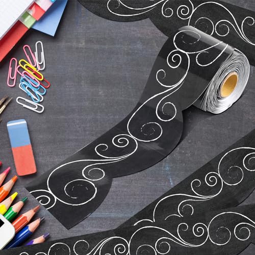 Outus 68 ft Black and White Bulletin Board Border, 2.99 in - size: 2.99 Inches, style: Swirls