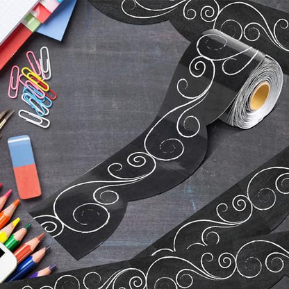 Outus 68 ft Black and White Bulletin Board Border, 2.99 in - size: 2.99 Inches, style: Swirls