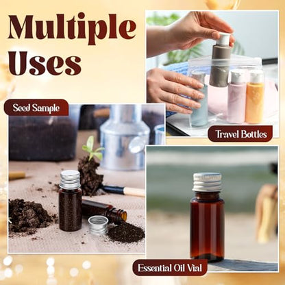 200 Pcs 10ml Mini Plastic Bottles Vials Tiny Jar with Aluminum Screw Lid Cap Clear Plastic Sample Container with Sealed Top Metal Lid for Cosmetic Essential Oil Specimen(Sliver and Amber) - color: Sliver and Amber