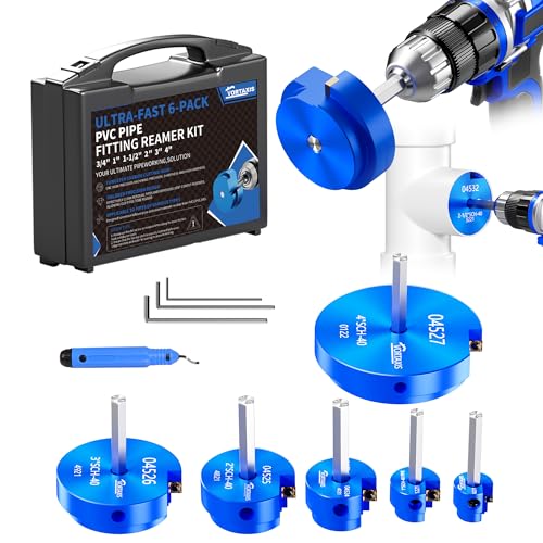 6 Pcs Plastic Pipe Fitting Reamer Kit for 1/2" Drill, Includes 3/4", 1", 1-1/2", 2",3",4" Reamers, Carbide Cutting Inserts, For PVC, CPVC, ABS Pipe Fittings. - size: 3/4+1+1-1/2+2+3+4 Inch