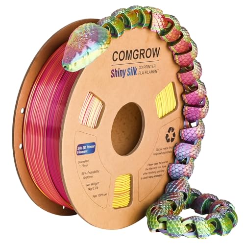 Comgrow Tri-Colors Silk PLA 3D Printer Filament, Rainbow PLA Filament 1.75mm, Dimensional Accuracy +/- 0.02 mm, 4KG Spool, Coextrusion 3D Filament with Shiny Silk - color: Mix